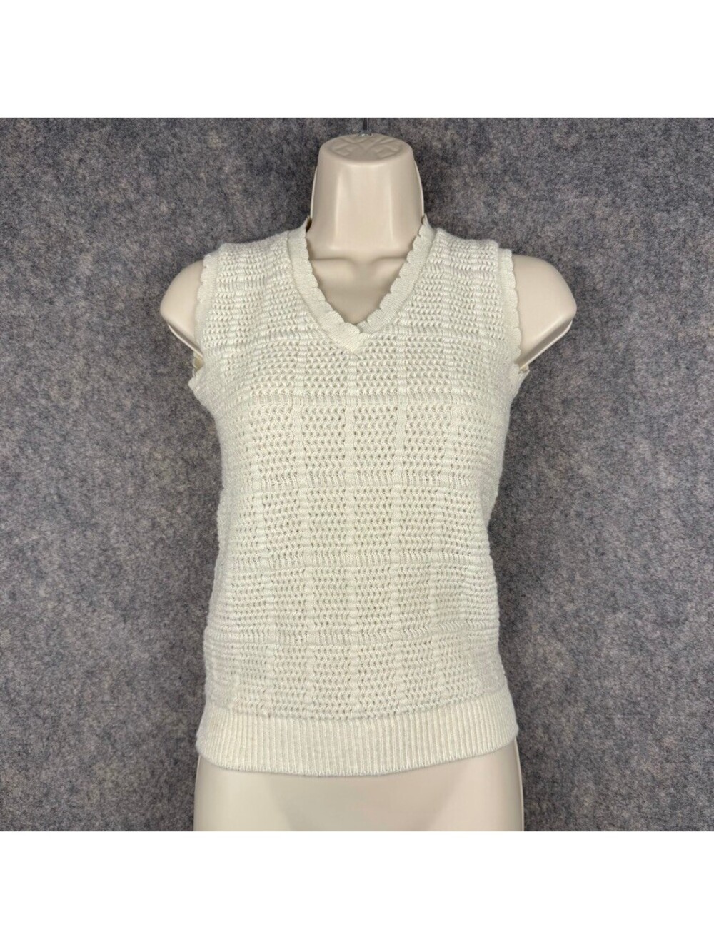 Y2K Vintage Cream Pointelle Sweater Vest Womens XS -Girls Size 14 Retro Prep 187